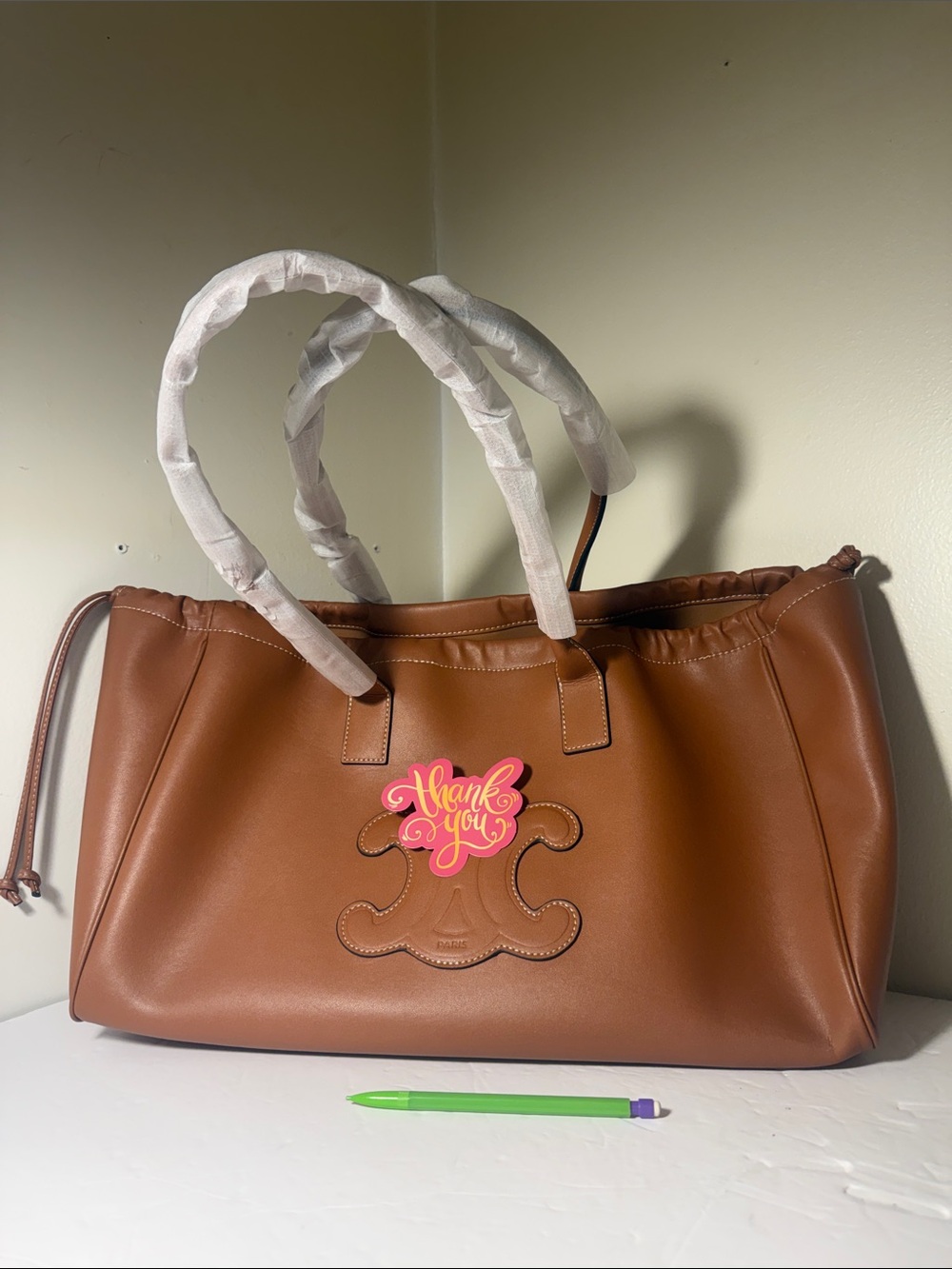 Tan Leather Tote with Logo Accent - Spacious Everyday Bag